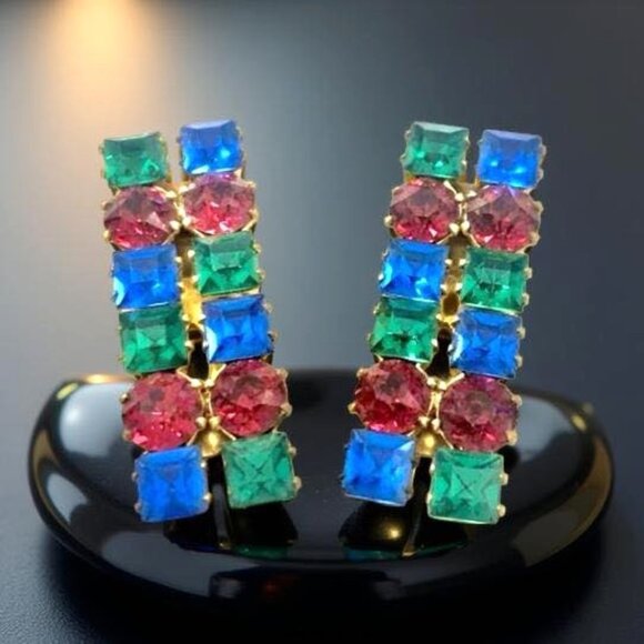 Art Deco Rhinestone Shoe Clips Pair – Multicolor, Prong Set Brass, Art Deco Pair - Picture 1 of 10